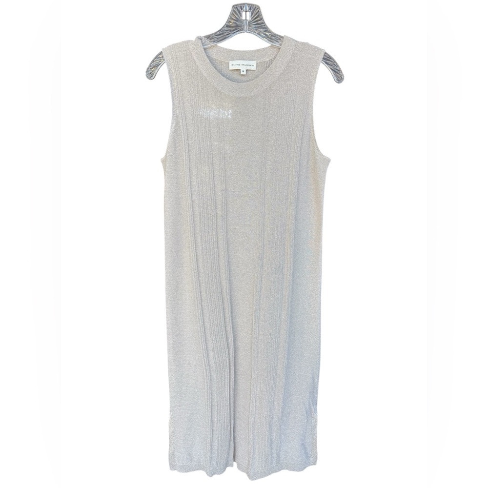 White + Warren Shine Sleeveless Ribbed Knit Shift Midi Dress Silver